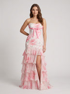 Pink Print Satin Mermaid Sweetheart Back Zip Floor-Length Dress with Ruffled Tiered Skirt - Curvevia