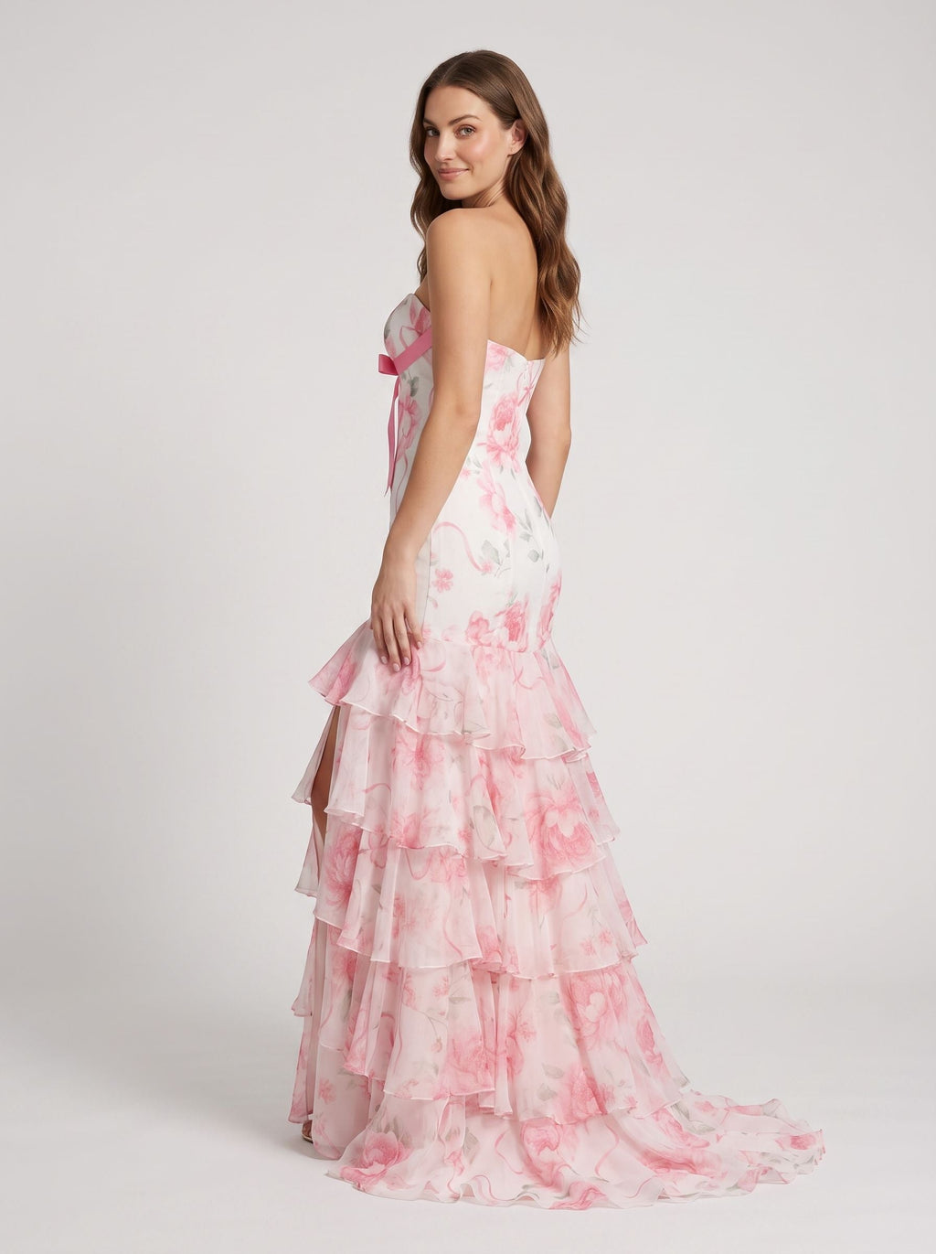 Pink Print Satin Mermaid Sweetheart Back Zip Floor-Length Dress with Ruffled Tiered Skirt - Curvevia