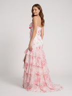 Pink Print Satin Mermaid Sweetheart Back Zip Floor-Length Dress with Ruffled Tiered Skirt - Curvevia