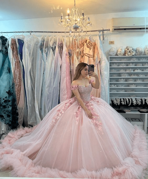 Pink Off-the-Shoulder Lace-Up Back Quinceanera Dress Ball Gown - Curvevia