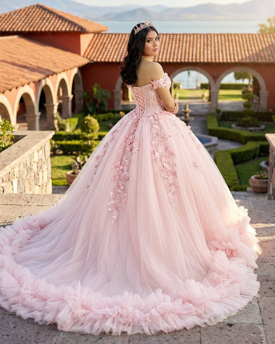 Pink Off-the-Shoulder Lace-Up Back Quinceanera Dress Ball Gown - Curvevia