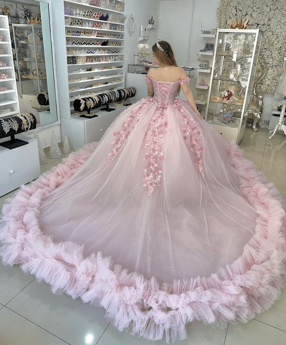 Pink Off-the-Shoulder Lace-Up Back Quinceanera Dress Ball Gown - Curvevia