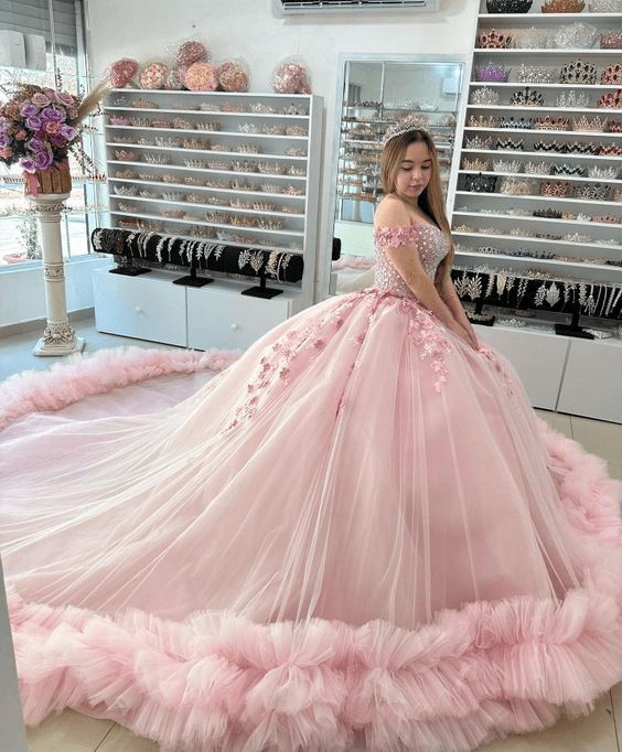 Pink Off-the-Shoulder Lace-Up Back Quinceanera Dress Ball Gown - Curvevia