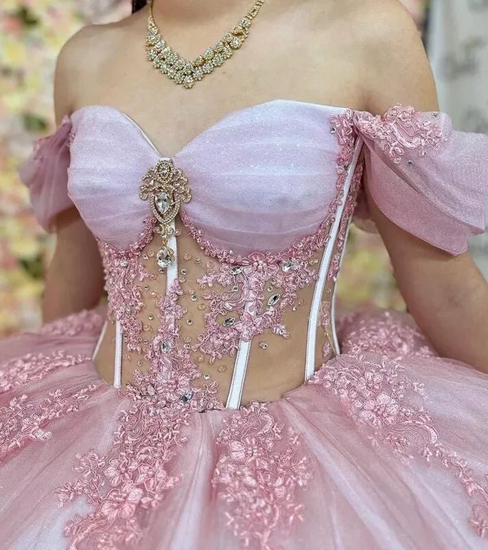 Pink Quinceanera Dresses Off The Shoulder with Appliques - Curvevia
