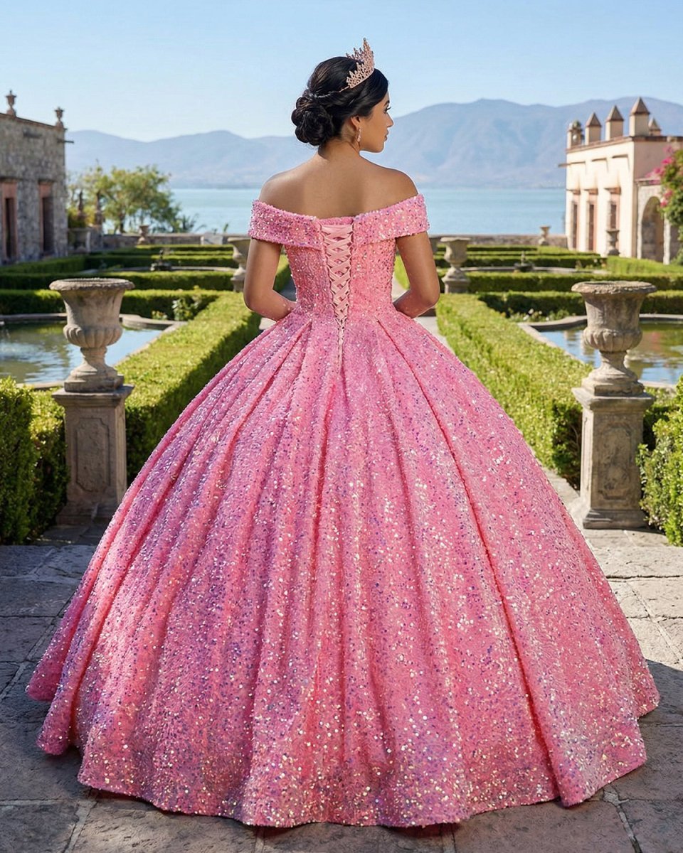 Pink Off The Shoulder Sequined Ball Gown Quinceanera Dresses - Curvevia