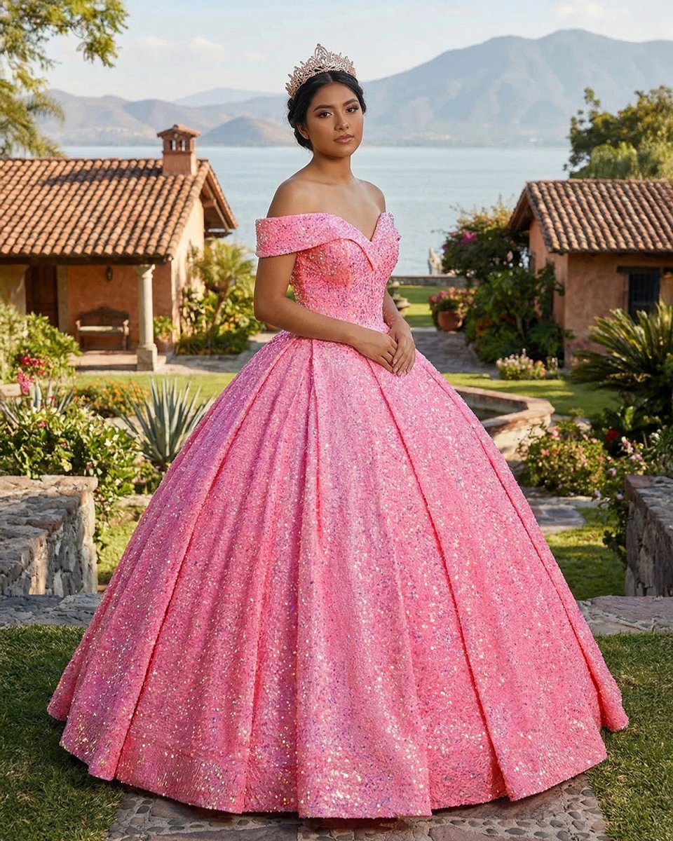 Pink Off The Shoulder Sequined Ball Gown Quinceanera Dresses - Curvevia