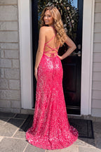 Mermaid Spaghetti Straps Blue Sequins Lace Long Evening Dress with Slit - Curvevia