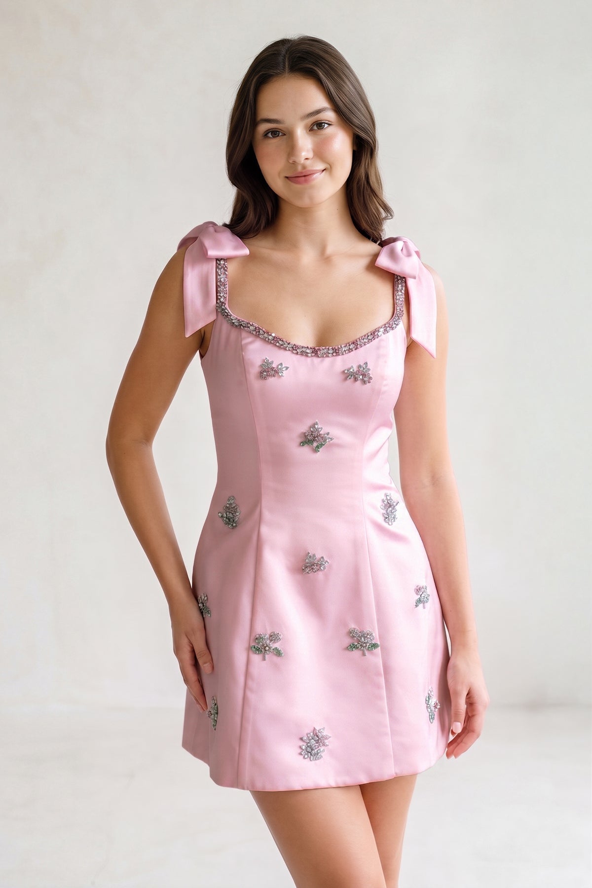 White Scoop Neck A-Line Satin Beaded Homecoming Dress with Bow - Curvevia