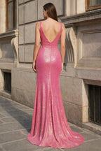 Pink Sequin V Neck Mermaid Long Prom Dresses - Curvevia
