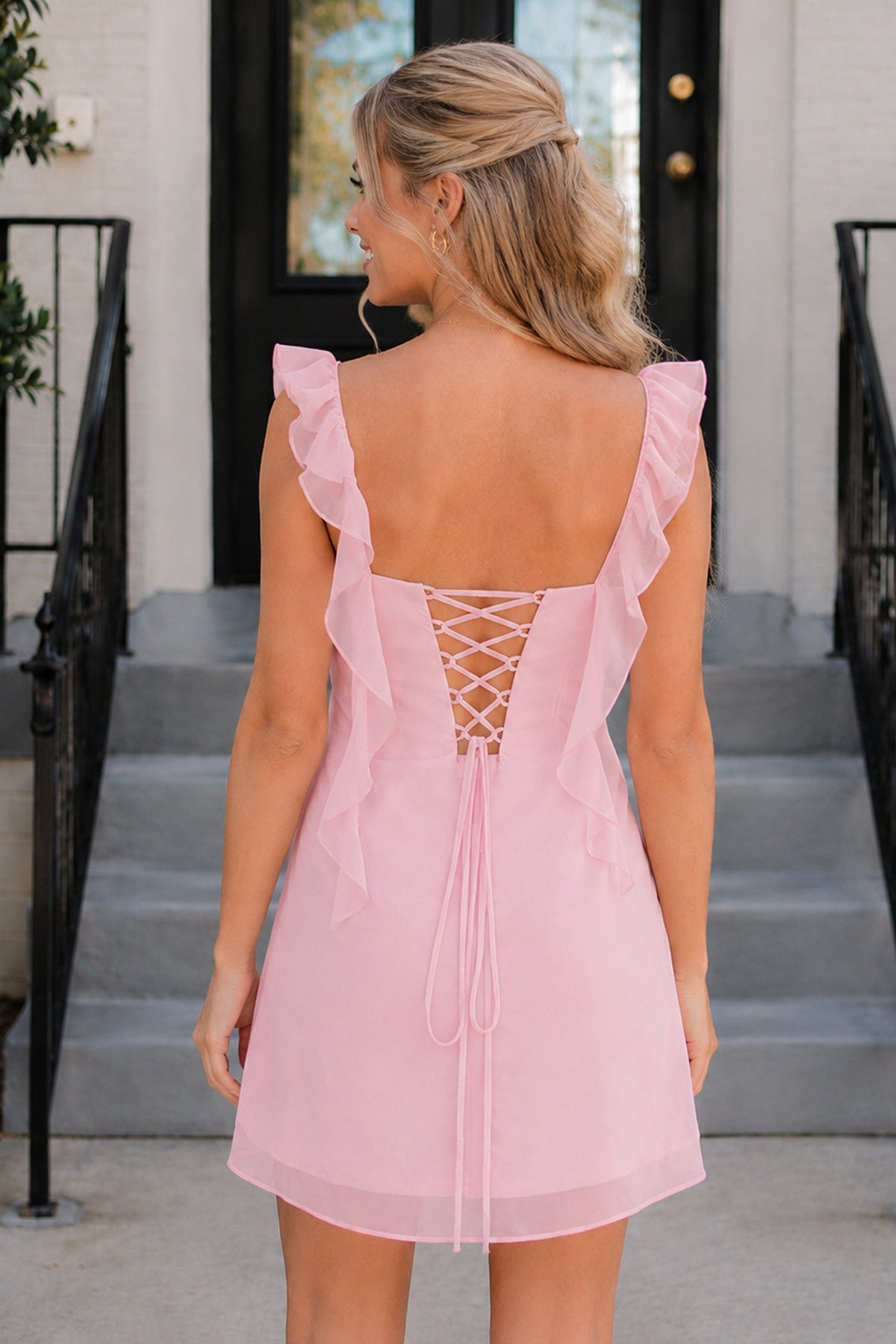 Lilac Sheath Chiffon V Neck Short Homecoming Dresses With Ruffles - Curvevia
