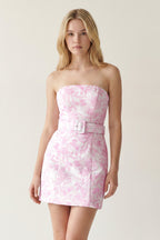 Pink Jacquard Sheath Strapless Short Homecoming Dress with Belt - Curvevia