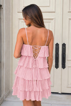 Green Spaghetti Strap Ruffle Tiered Pleated Wedding Guest Dress - Curvevia