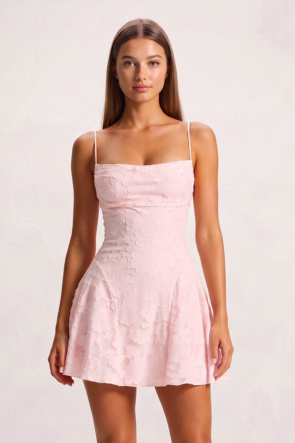 Pink Spaghetti Straps Jacquard Chiffon A-Line Homecoming Dress - Curvevia