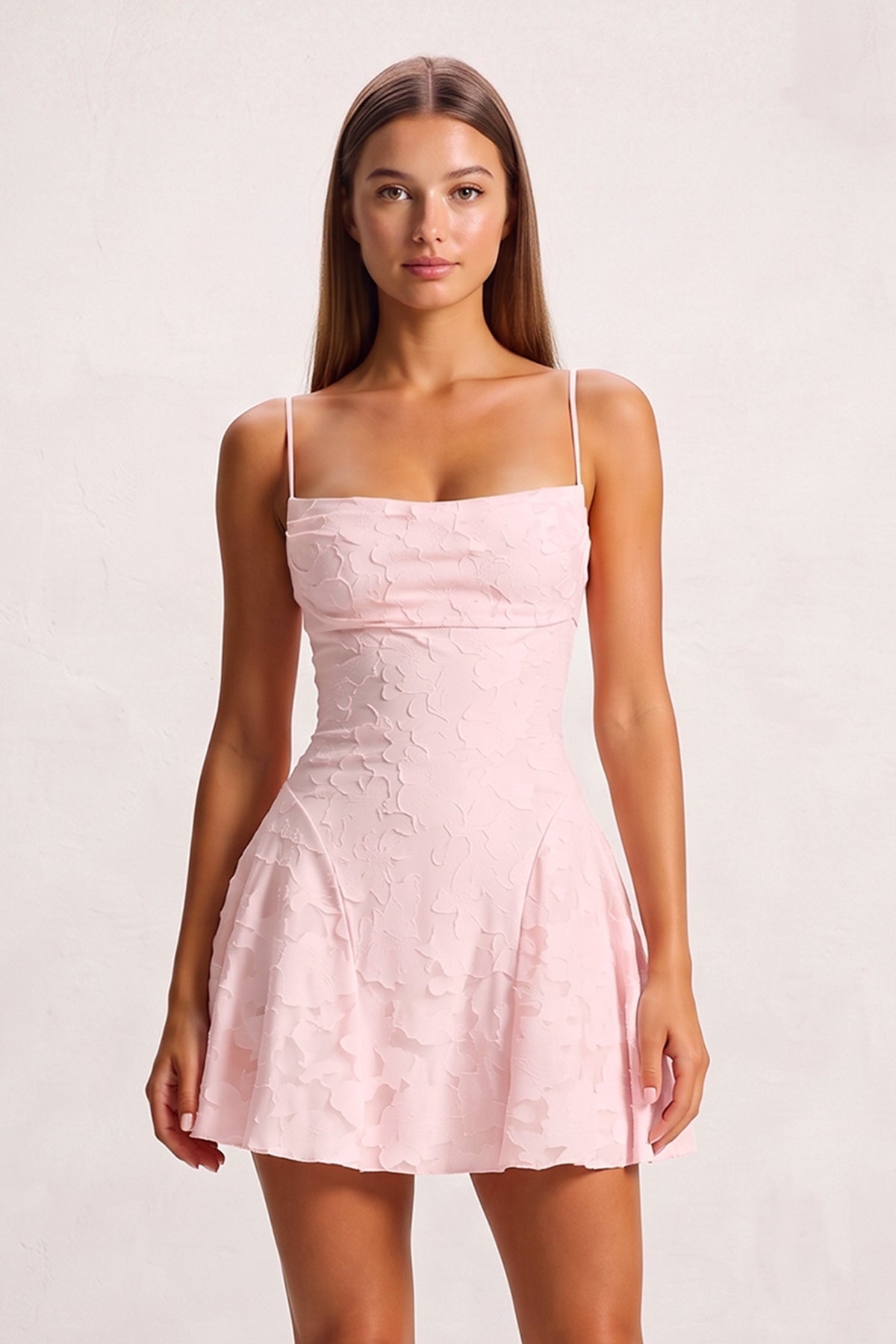 Pink Spaghetti Straps Jacquard Chiffon A-Line Homecoming Dress - Curvevia