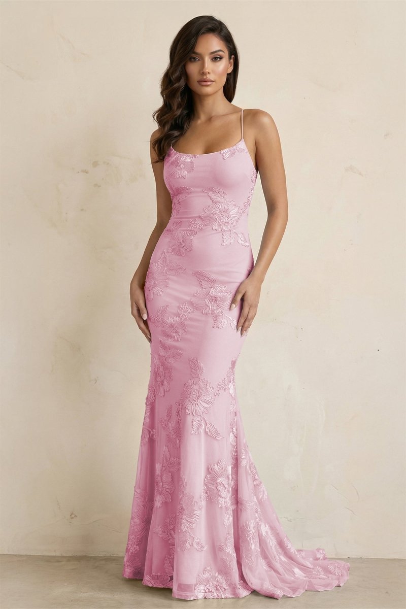 Sky Blue Spaghetti Straps Mermaid Tulle Long Prom Dresses With Appliques - Curvevia