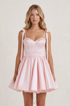 Navy Blue Spaghetti Straps Satin Pleated A-Line Wedding Guest Dress with Bow - Curvevia