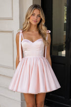 Navy Blue Spaghetti Straps Satin Pleated A-Line Wedding Guest Dress with Bow - Curvevia