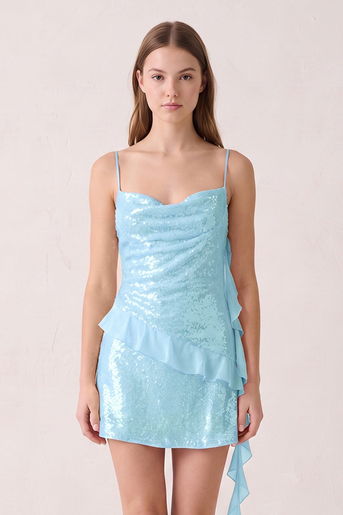 Pink Spaghetti Straps Sequin Ruched Ruffled Sheath Homecoming Dress - Curvevia