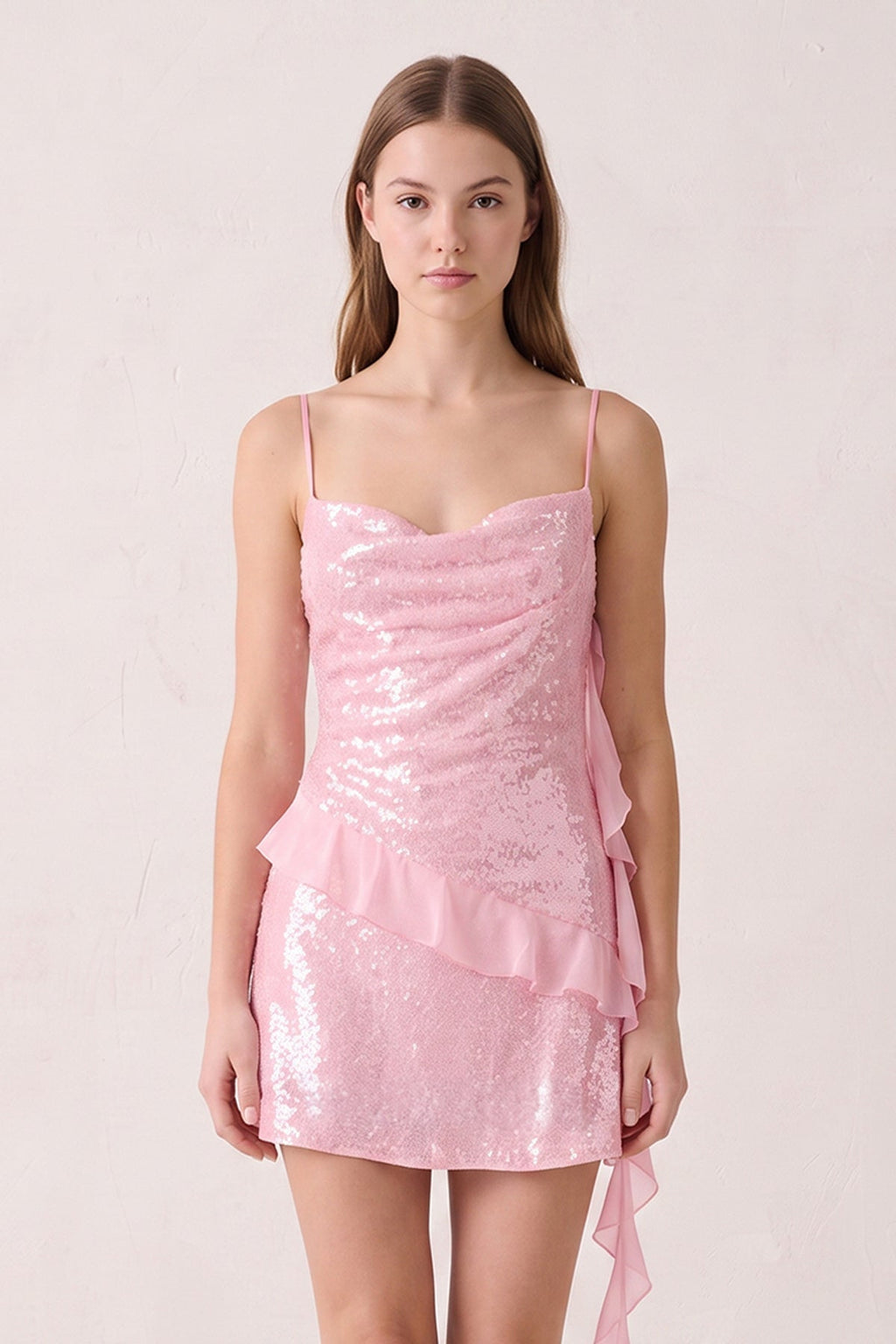 Pink Spaghetti Straps Sequin Ruched Ruffled Sheath Homecoming Dress - Curvevia