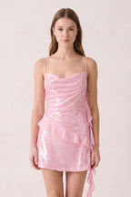 Pink Spaghetti Straps Sequin Ruched Ruffled Sheath Homecoming Dress - Curvevia