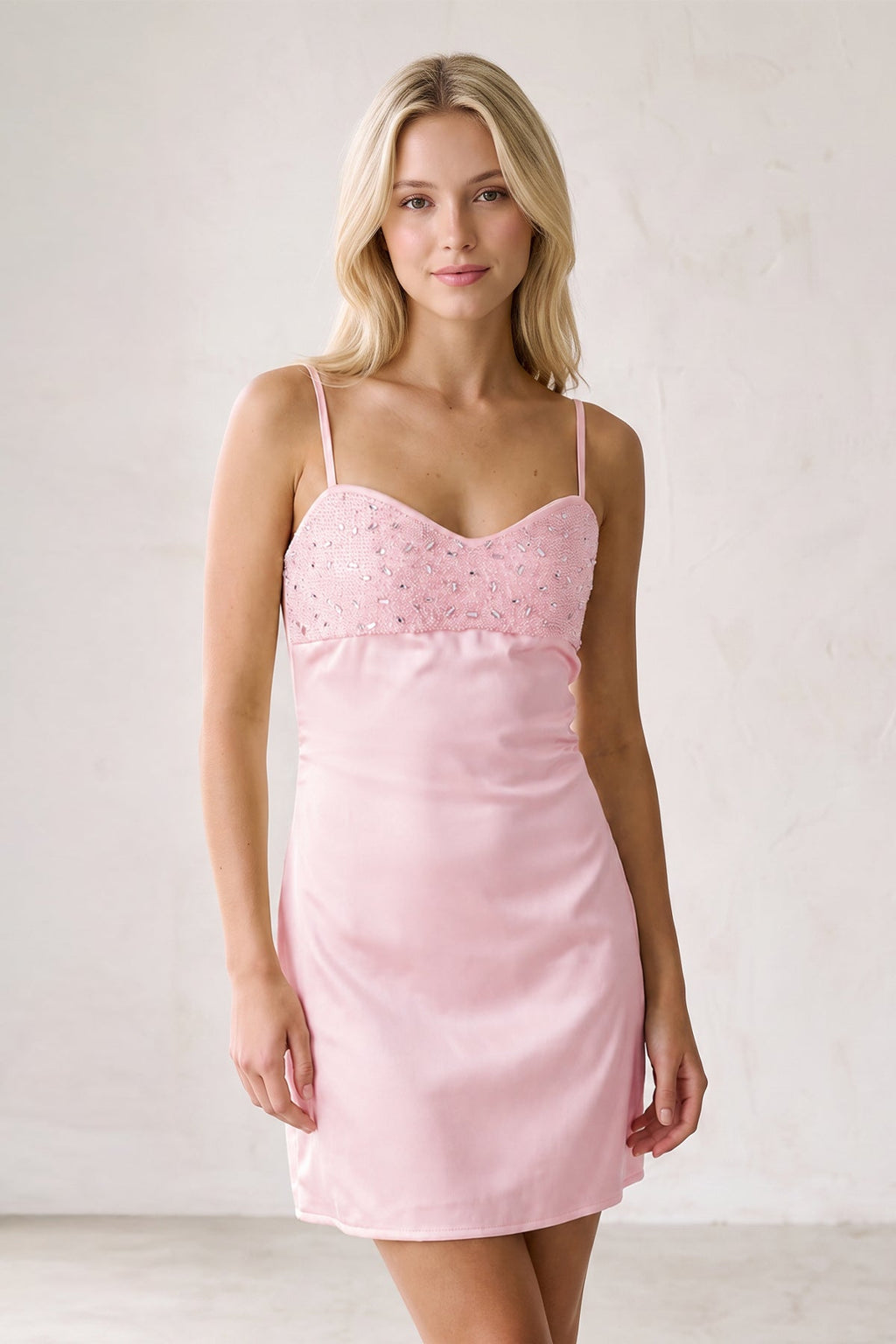 Champagne Spaghetti Straps Sheath Rhinestones Satin Homecoming Dress with Tie Back - Curvevia