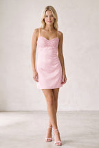 Champagne Spaghetti Straps Sheath Rhinestones Satin Homecoming Dress with Tie Back - Curvevia