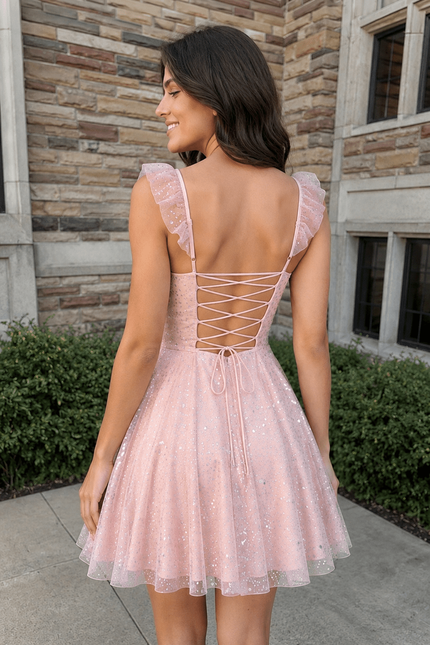 Sparkly Pink A-Line Sequined Homecoming Dress With Flutter Sleeves - Curvevia