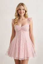 Sparkly Pink A-Line Sequined Homecoming Dress With Flutter Sleeves - Curvevia