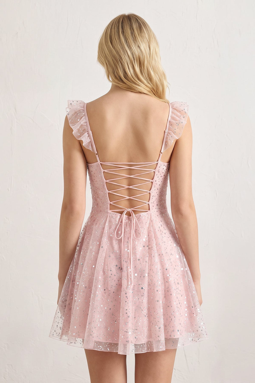 Sparkly Pink A-Line Sequined Homecoming Dress With Flutter Sleeves - Curvevia
