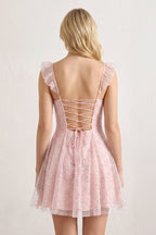 Sparkly Pink A-Line Sequined Homecoming Dress With Flutter Sleeves - Curvevia