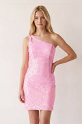 Orange Sparkly Bodycon One Shoulder Sequins Mini Party Dresses with Keyhole - Curvevia