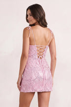 Pink Sparkly Sequin Sheath Bow Spaghetti Straps Homecoming Dress - Curvevia