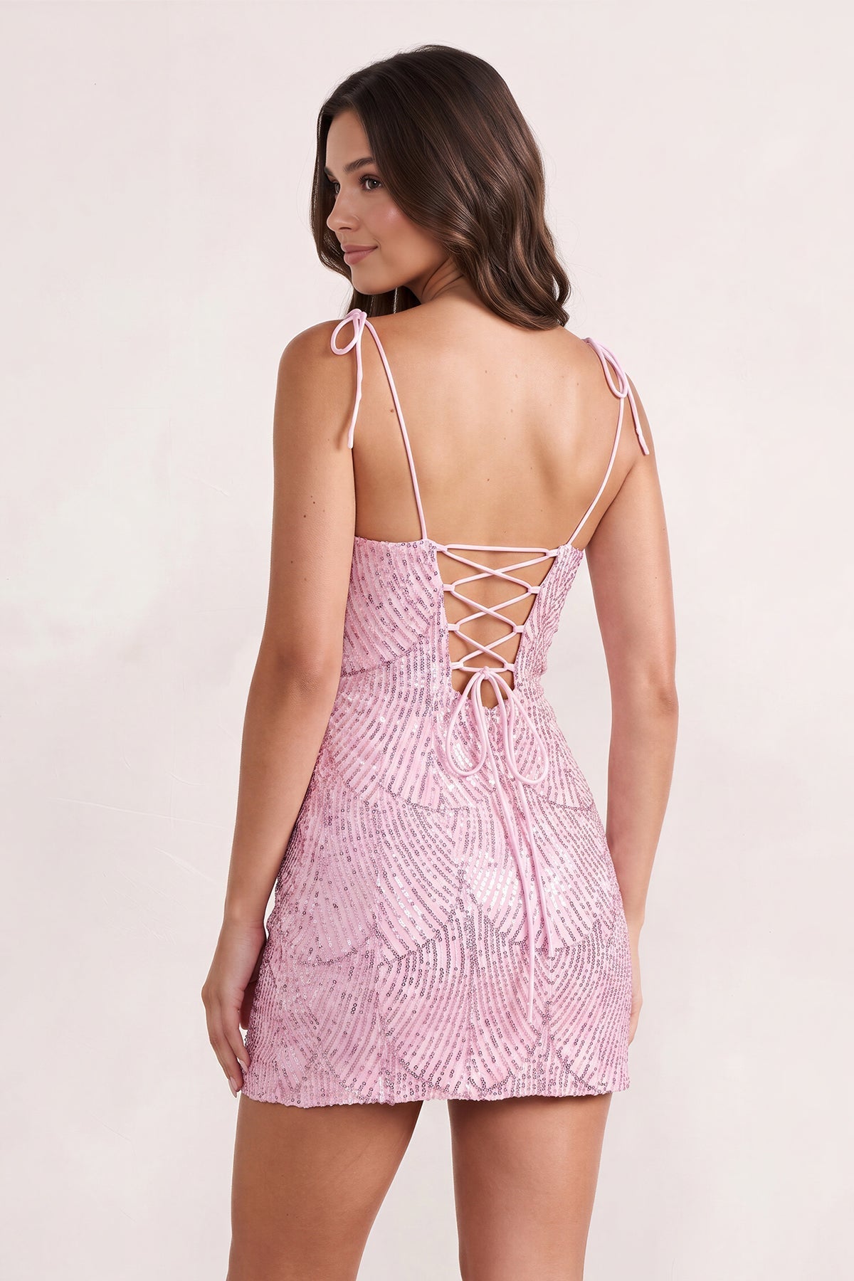 Pink Sparkly Sequin Sheath Bow Spaghetti Straps Homecoming Dress - Curvevia