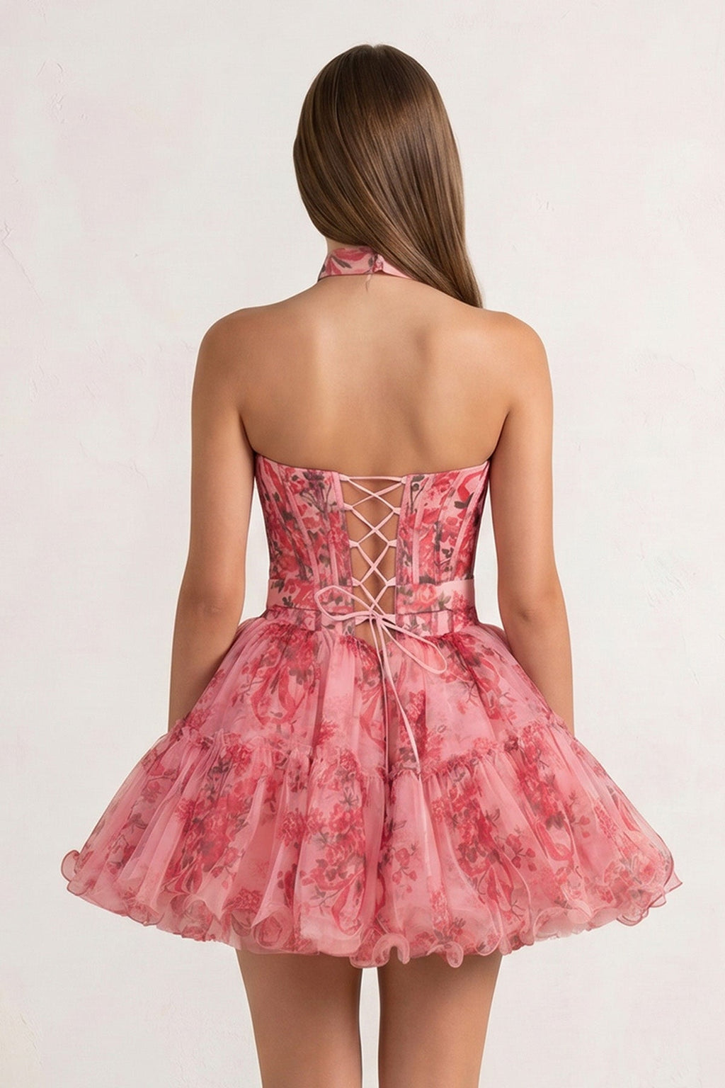 Pink Strapless A-Line Floral Short Wedding Guest Dress With Ruffles - Curvevia