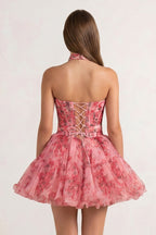 Pink Strapless A-Line Floral Short Wedding Guest Dress With Ruffles - Curvevia