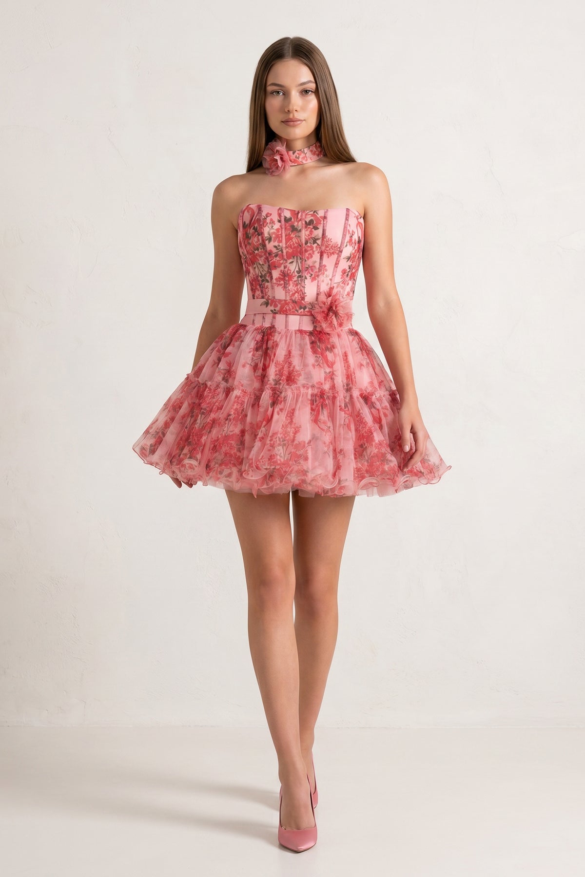 Pink Strapless A-Line Floral Short Wedding Guest Dress With Ruffles - Curvevia