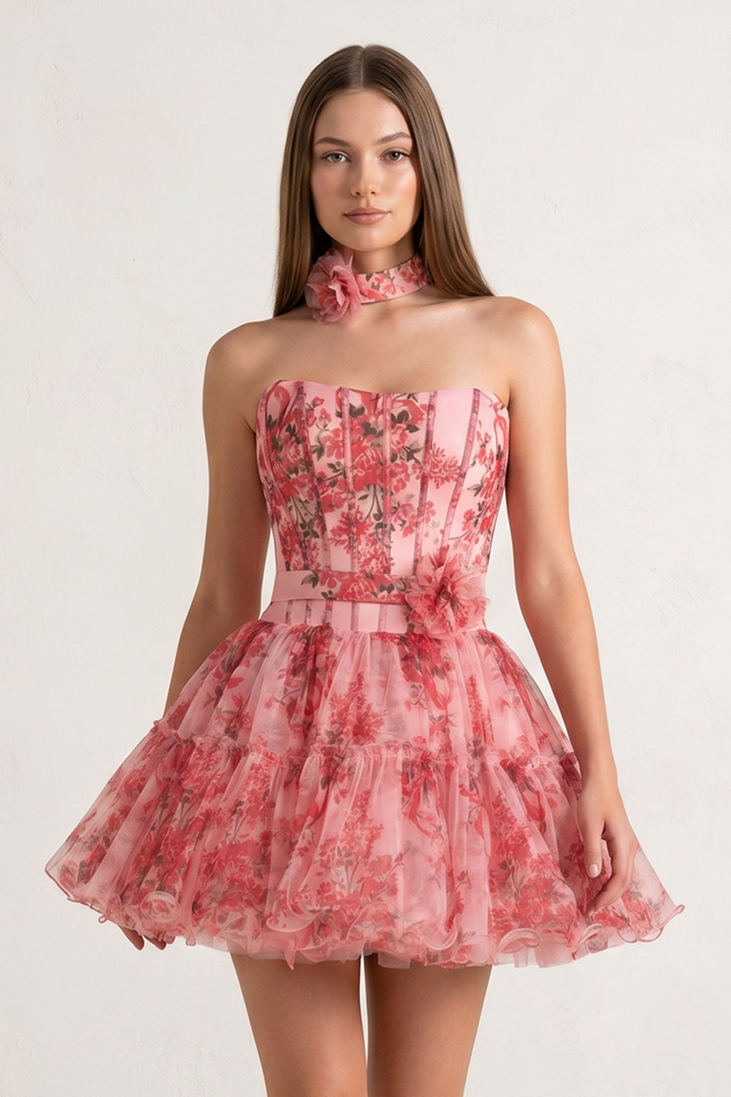 Pink Strapless A-Line Floral Short Wedding Guest Dress With Ruffles - Curvevia