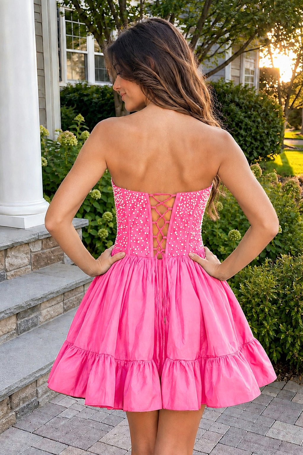 Pink Strapless A Line Satin Ruffles Wedding Guest Dress With Pearls - Curvevia