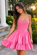 Pink Strapless A Line Satin Ruffles Wedding Guest Dress With Pearls - Curvevia