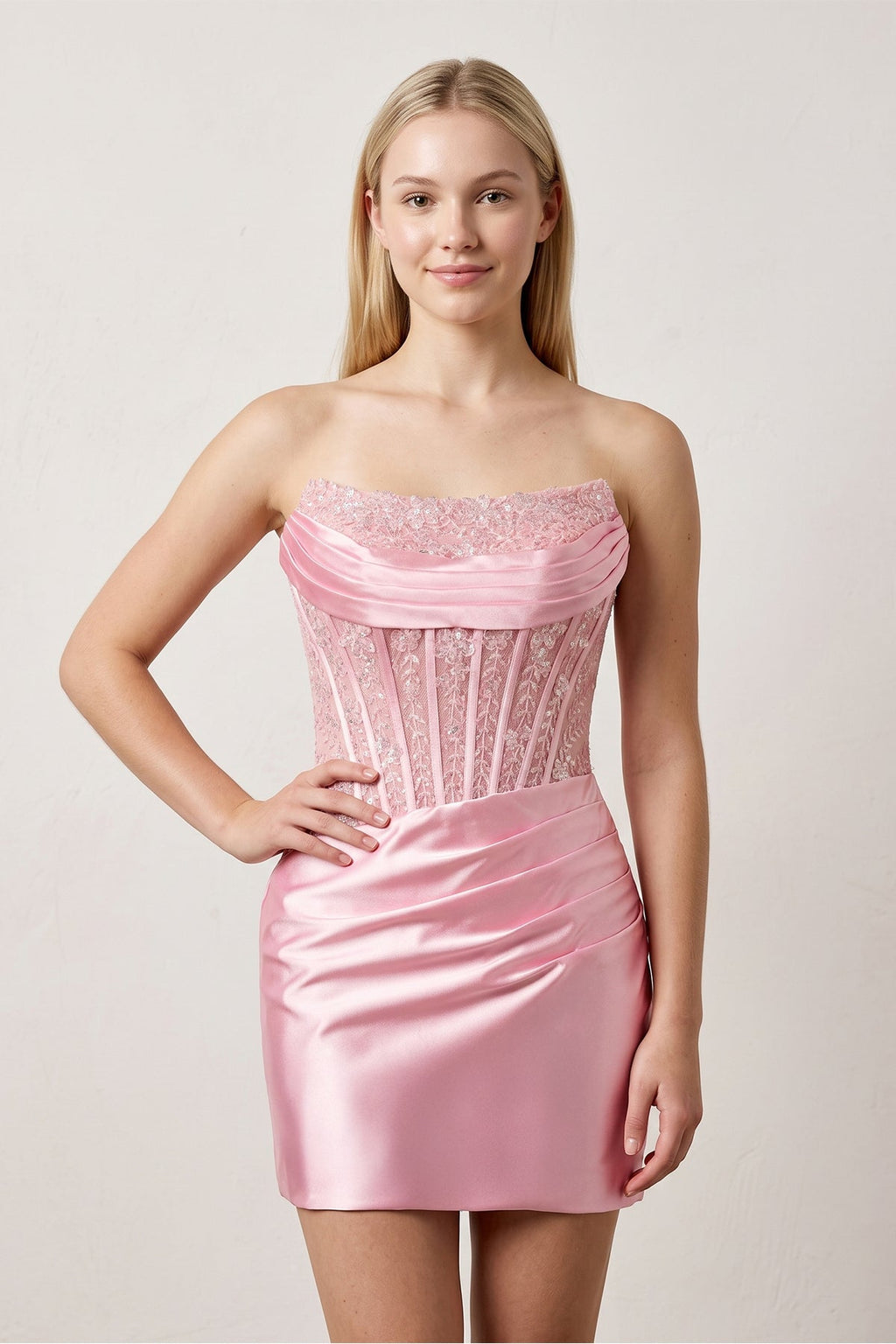 Navy Blue Strapless Bodycon Satin Pleated Short Homecoming & Cocktail Dresses With Beading - Curvevia