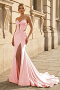 Yellow Sweetheart Mermaid Satin Beaded Long Evening Dress With Slit - Curvevia
