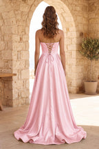 Black Strapless Satin Long Evening Dress With High Split - Curvevia