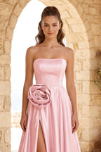 Black Strapless Satin Long Evening Dress With High Split - Curvevia