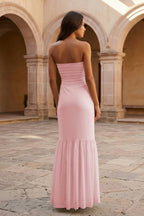 Yellow Strapless Sheath Chiffon Long Evening Dress With Ruffles - Curvevia