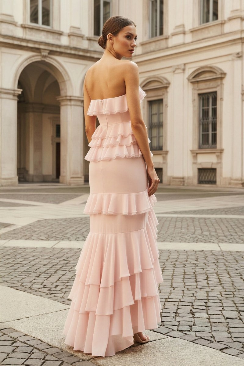 Pink Strapless Sheath Chiffon Ruffled Long Wedding Guest Dress - Curvevia