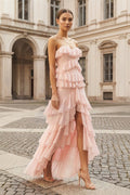 Pink Strapless Sheath Chiffon Ruffled Long Wedding Guest Dress - Curvevia
