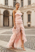 Pink Strapless Sheath Chiffon Ruffled Long Wedding Guest Dress - Curvevia