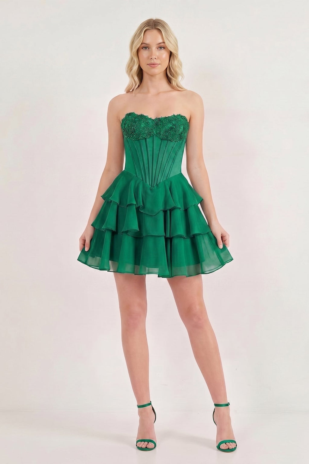 Pink Strapless Tiered A-Line Ruffled Chiffon Appliqued Wedding Guest Dress - Curvevia
