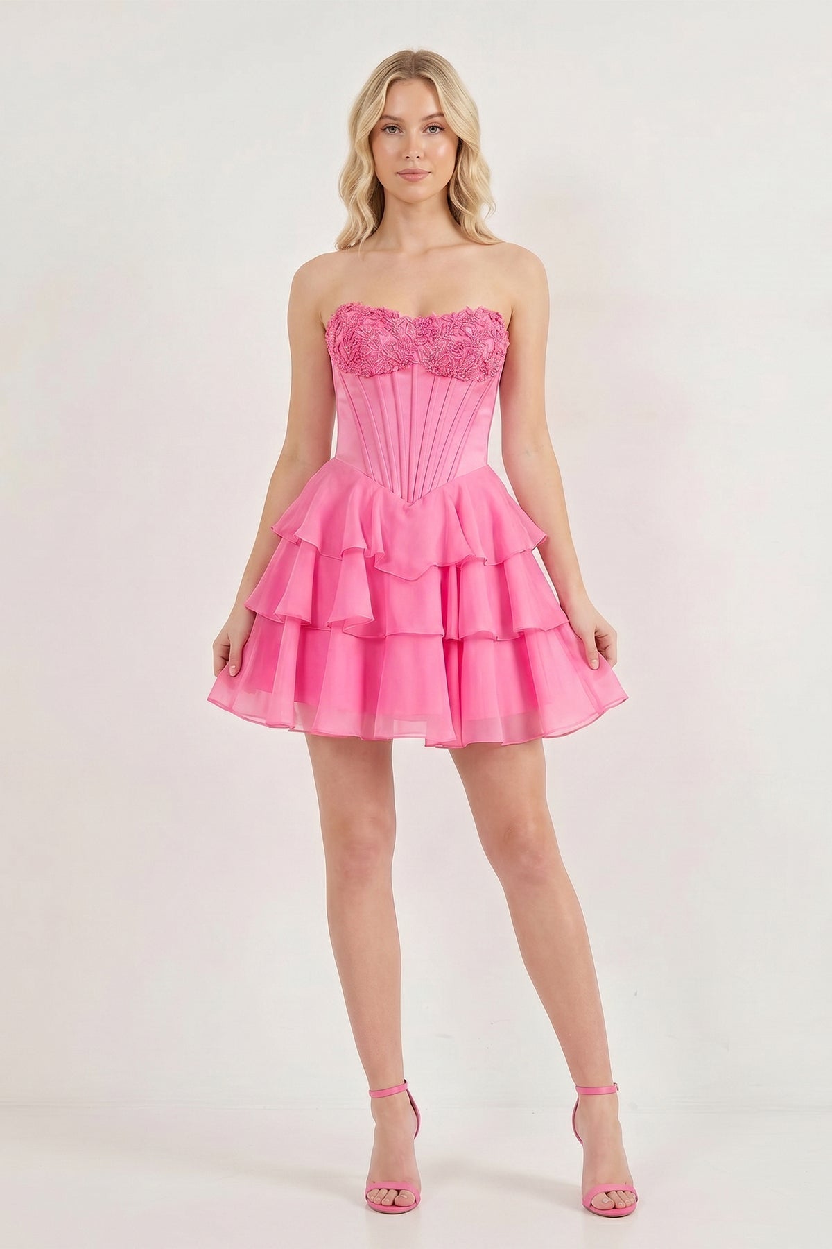 Pink Strapless Tiered A-Line Ruffled Chiffon Appliqued Wedding Guest Dress - Curvevia