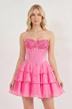Pink Strapless Tiered A-Line Ruffled Chiffon Appliqued Wedding Guest Dress - Curvevia